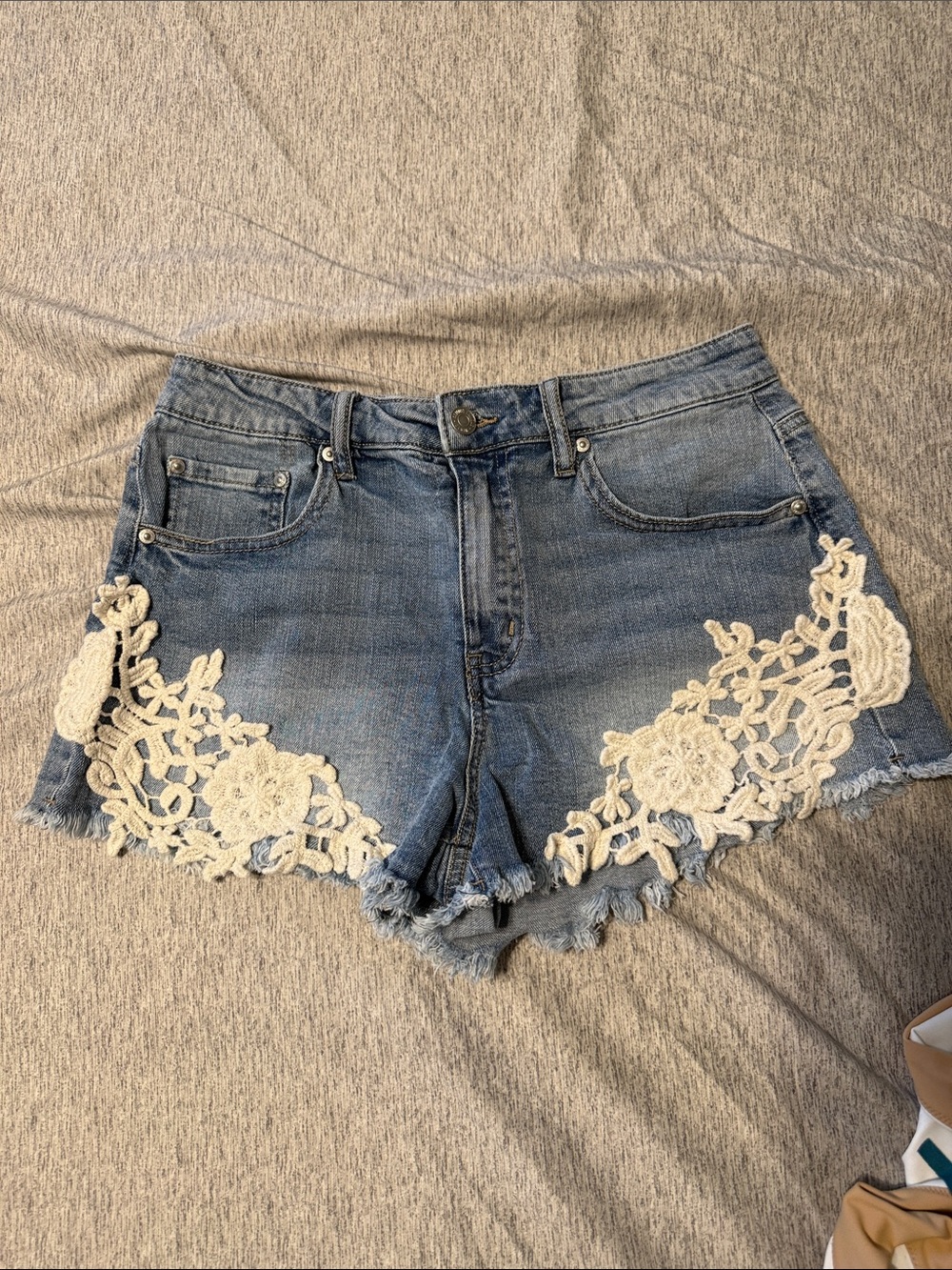 Almost Famous high rise Blue Denim Shorts with Cream Crochet Trim